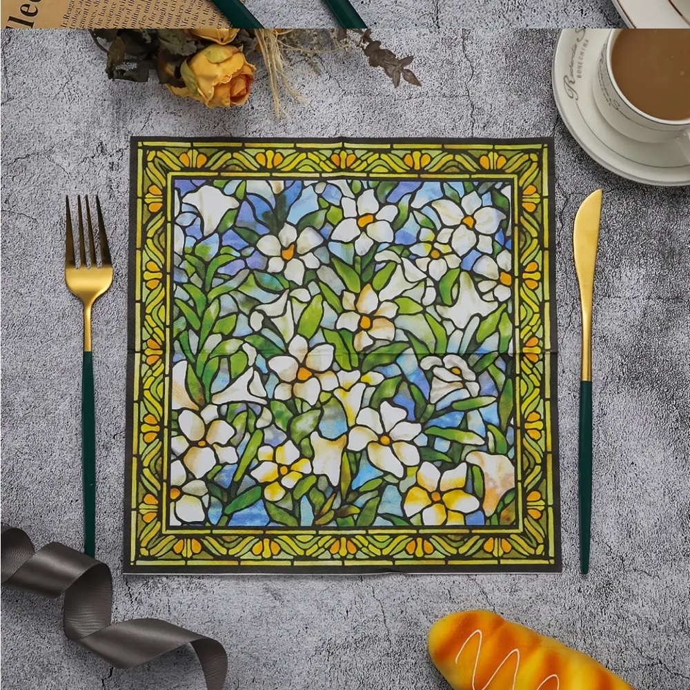 Floral Stained Glass Art Print Cocktail Beverage Paper Napkins, 20 ct - Picture 3 of 5